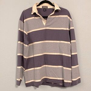 Lands End Mens Size L Blue White Striped Rugby Polo Long Sleeve Shirt Collared